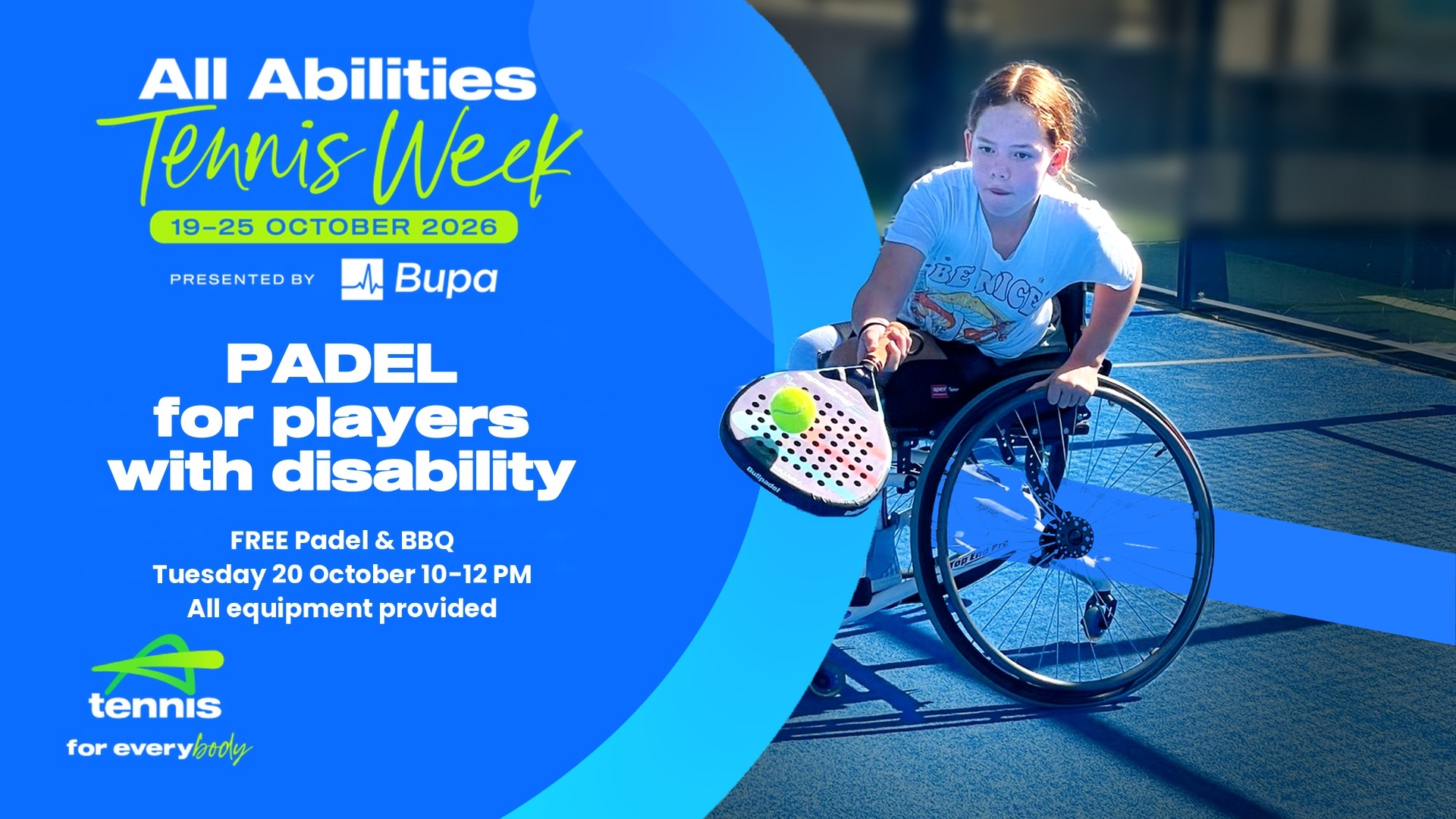 All Abilities Tennis Week: free padel and BBQ, Tuesday 20 October 2026, 10am to 12pm. Equipment provided.
